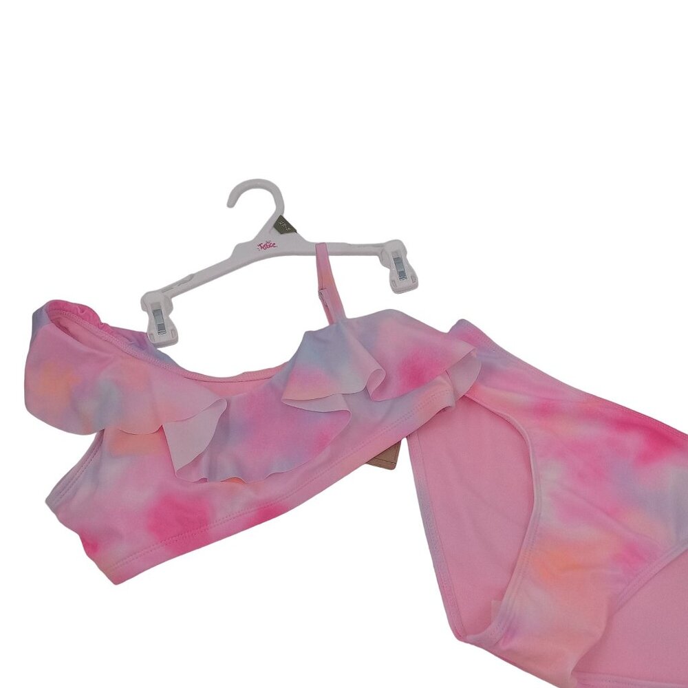 New Justice Girls Pink 2 Piece Bikini Size XL 16 18 Asymmetrical Ruffle Tie Dye - Picture 4 of 12